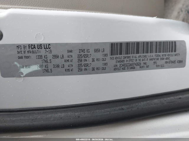 Aukcja sprzedaży 2019 Dodge Grand Caravan Sxt, vin: 2C4RDGCG4KR742620, numer aukcji: 45522218