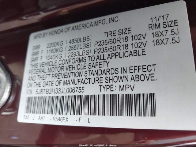 45522222 :رقم المزاد ، 5J8TB3H33JL006755 vin ، 2018 Acura Rdx Acurawatch Plus Package مزاد بيع