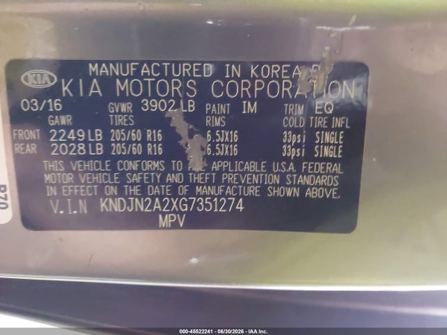 Продаж на аукціоні авто 2016 Kia Soul, vin: KNDJN2A2XG7351274, номер лоту: 45522241