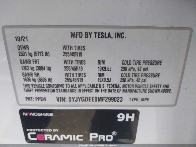 Продажа на аукционе авто 2021 Tesla Model Y Long Range Dual Motor All-wheel Drive, vin: 5YJYGDEE0MF299023, номер лота: 45522246