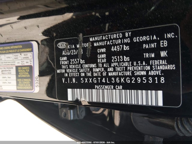 Aukcja sprzedaży 2019 Kia Optima S, vin: 5XXGT4L36KG295318, numer aukcji: 45522250
