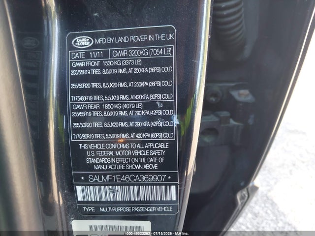 2012 Land Rover Range Rover Supercharged მანქანა იყიდება აუქციონზე, vin: SALMF1E46CA369907, აუქციონის ნომერი: 45522252