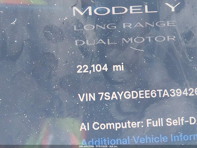 Aukcja sprzedaży 2026 Tesla Model Y All-wheel Drive/long Range Launch Series/premium All-wheel Drive, vin: 7SAYGDEE6TA394264, numer aukcji: 45522264
