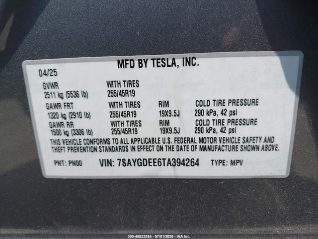 Aukcja sprzedaży 2026 Tesla Model Y All-wheel Drive/long Range Launch Series/premium All-wheel Drive, vin: 7SAYGDEE6TA394264, numer aukcji: 45522264