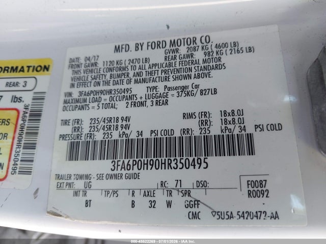 Ford FUSION SE 2017 3FA6P0H90HR350495 Image 9