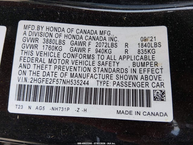 2HGFE2F57NH535244 Honda Civic Sport