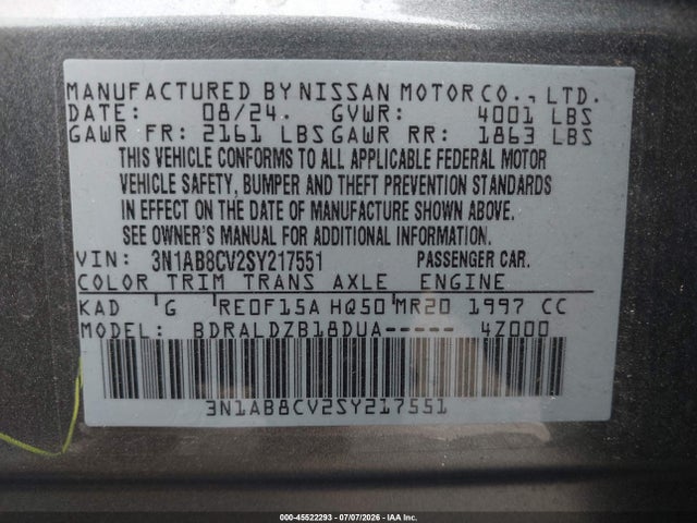 2025 Nissan Sentra Sv მანქანა იყიდება აუქციონზე, vin: 3N1AB8CV2SY217551, აუქციონის ნომერი: 45522293