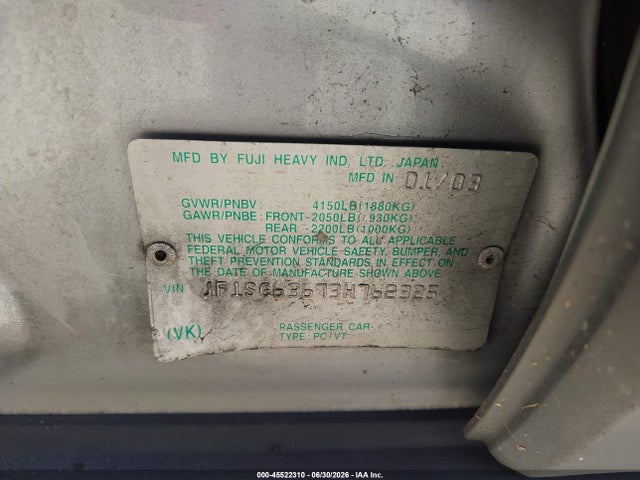 Aukcja sprzedaży 2003 Subaru Forester X, vin: JF1SG63673H762325, numer aukcji: 45522310