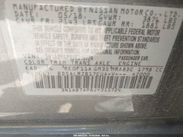 Продажа на аукционе авто 2018 Nissan Sentra Sr, vin: 3N1AB7AP8JY315724, номер лота: 45522325