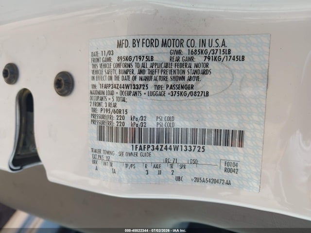 Aukcja sprzedaży 2004 Ford Focus Se, vin: 1FAFP34Z44W133725, numer aukcji: 45522344