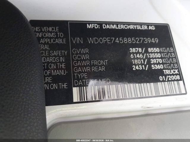 45522347 :رقم المزاد ، WD0PE745885273949 vin ، 2008 Dodge Sprinter Van 2500 مزاد بيع