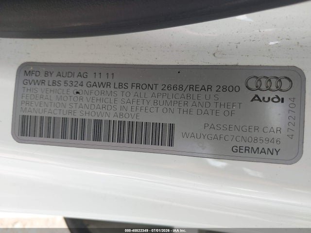 Aukcja sprzedaży 2012 Audi A7 3.0 Premium Plus, vin: WAUYGAFC7CN085946, numer aukcji: 45522349