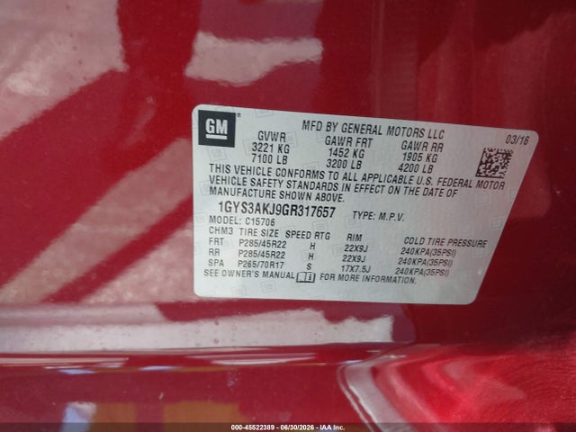 45522389 :رقم المزاد ، 1GYS3AKJ9GR317657 vin ، 2016 Cadillac Escalade Standard مزاد بيع