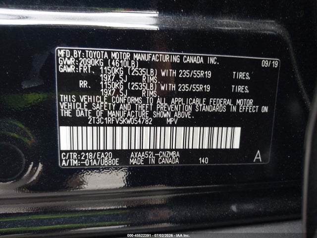 2T3C1RFV5KW054782 Toyota Rav4 Xle Premium