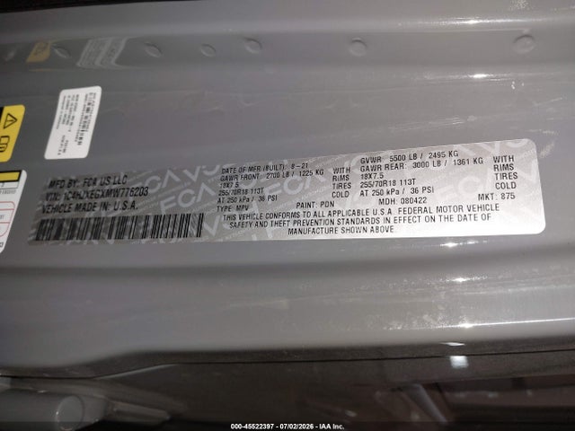 1C4HJXEGXMW776203 Jeep Wrangler Unlimited Sahara Altitude 4x4
