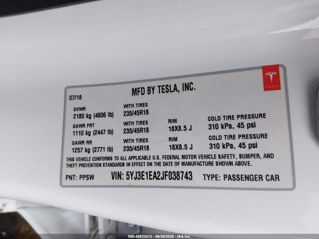 Tesla Model 3 Long Range/mid Range 2018 5YJ3E1EA2JF038743 Image 9