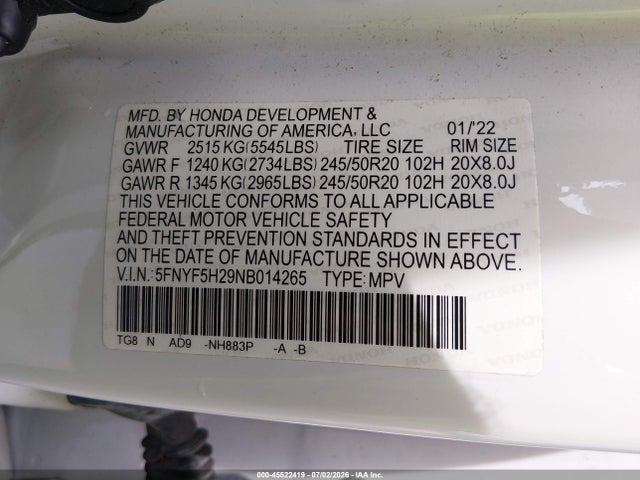 5FNYF5H29NB014265 Honda Pilot 2wd Special Edition