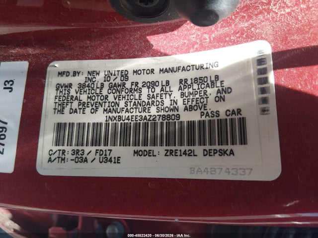 Aukcja sprzedaży 2010 Toyota Corolla S, vin: 1NXBU4EE3AZ278809, numer aukcji: 45522420