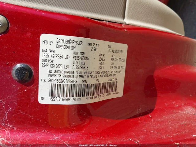 45522435 :رقم المزاد ، 3A4FY58B06T298853 vin ، 2006 Chrysler Pt Cruiser Touring مزاد بيع