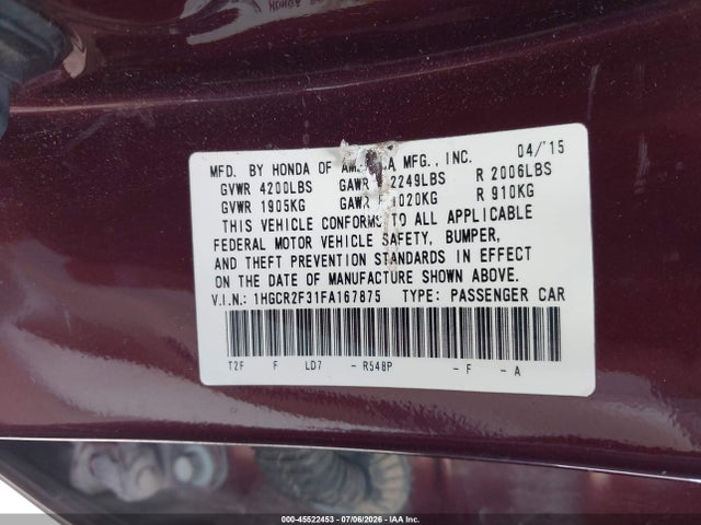 Aukcja sprzedaży 2015 Honda Accord Lx, vin: 1HGCR2F31FA167875, numer aukcji: 45522453