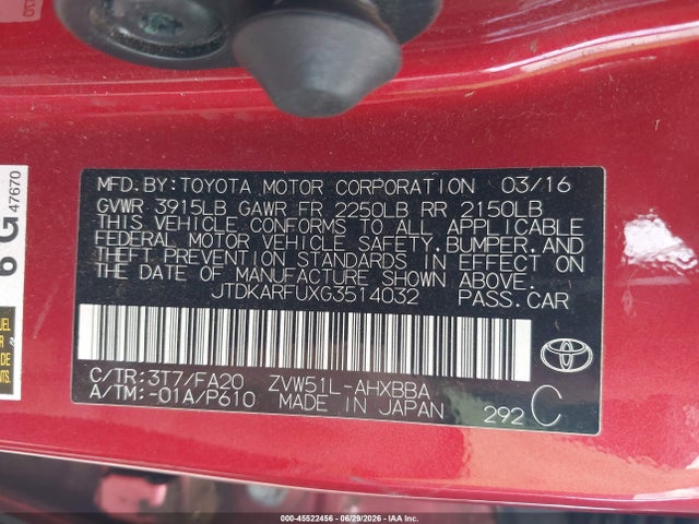 Продаж на аукціоні авто 2016 Toyota Prius Four, vin: JTDKARFUXG3514032, номер лоту: 45522456
