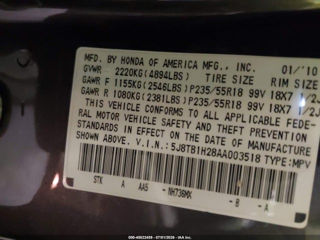 Продаж на аукціоні авто 2010 Acura Rdx, vin: 5J8TB1H28AA003518, номер лоту: 45522459
