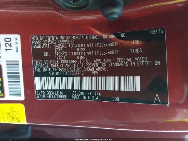 5TDYK3DC4FS657716 Toyota Sienna Xle 8 Passenger