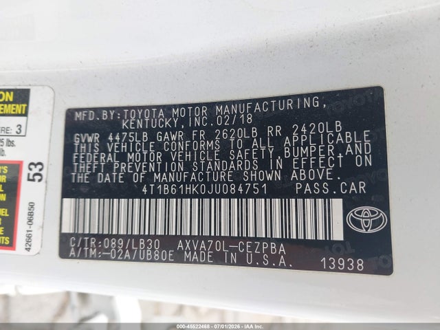 4T1B61HK0JU084751 Toyota CAMRY XSE