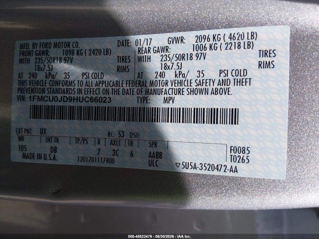 45522476 :رقم المزاد ، 1FMCU0JD9HUC66023 vin ، 2017 Ford Escape Titanium مزاد بيع