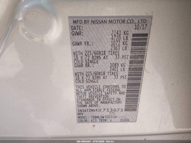 45522481 :رقم المزاد ، 5N1AT2MV4JC713671 vin ، 2018 Nissan Rogue Sl مزاد بيع