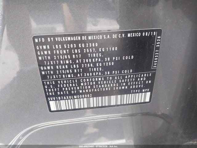 2020 Volkswagen Tiguan 2.0t S მანქანა იყიდება აუქციონზე, vin: 3VV1B7AX0LM008962, აუქციონის ნომერი: 45522492