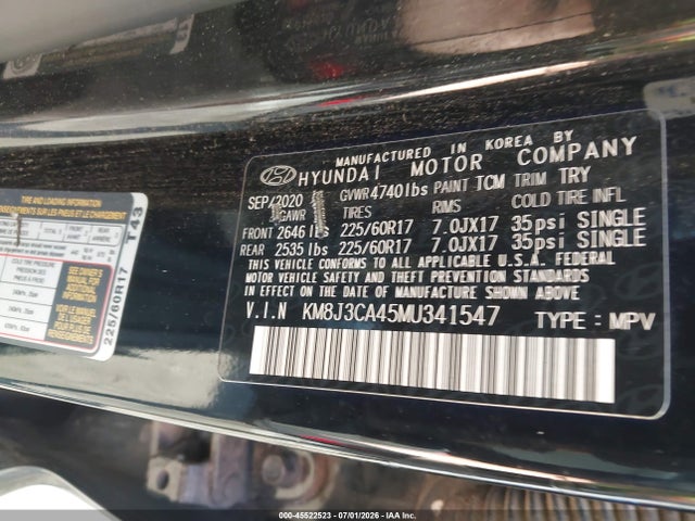 Продажа на аукционе авто 2021 Hyundai Tucson Value, vin: KM8J3CA45MU341547, номер лота: 45522523