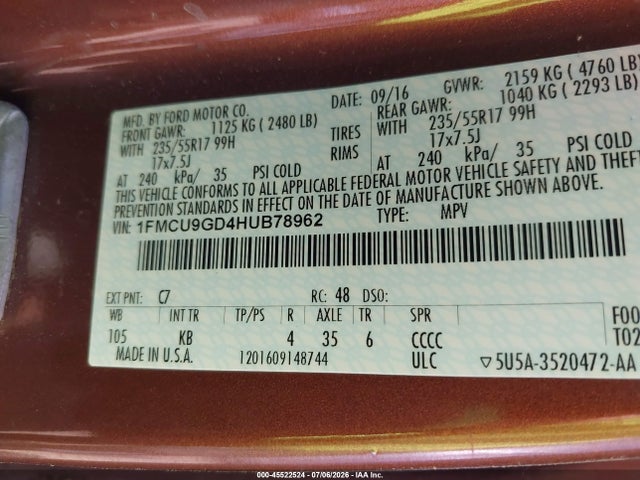 Ford ESCAPE SE 2017 1FMCU9GD4HUB78962 Image 9