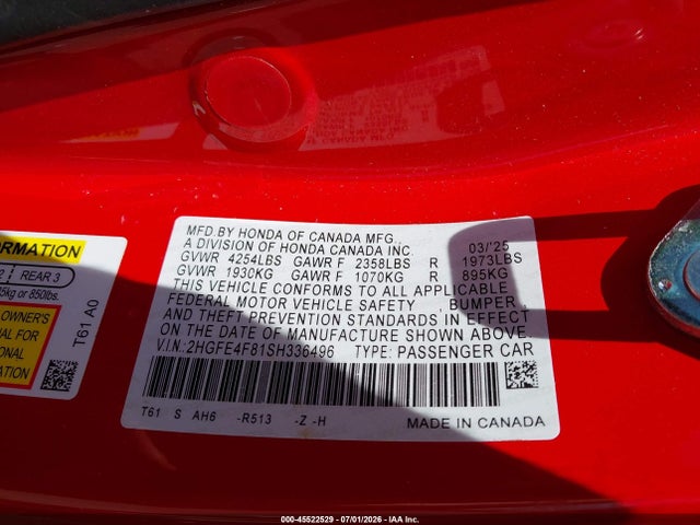 Aukcja sprzedaży 2025 Honda Civic Hybrid Sport/sport Touring, vin: 2HGFE4F81SH336496, numer aukcji: 45522529