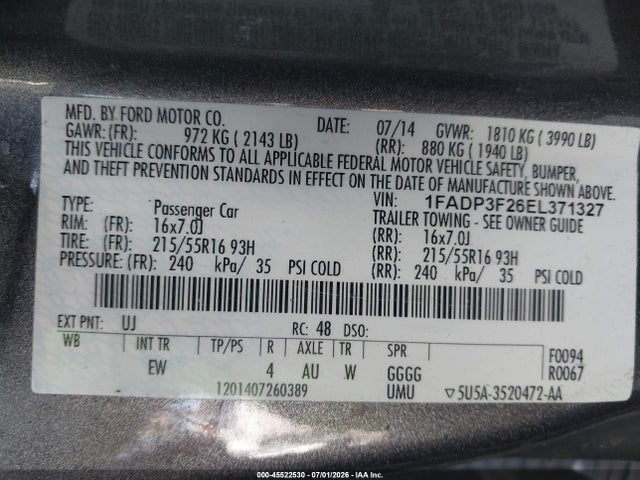 45522530 :رقم المزاد ، 1FADP3F26EL371327 vin ، 2014 Ford Focus Se مزاد بيع