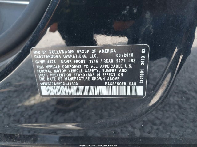 Продаж на аукціоні авто 2013 Volkswagen Passat 2.5l Se, vin: 1VWBP7A33DC141300, номер лоту: 45522535