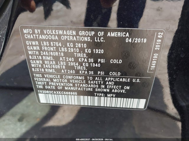 Продажа на аукционе авто 2019 Volkswagen Atlas 3.6l V6 Se, vin: 1V2DR2CAXKC566965, номер лота: 45522537