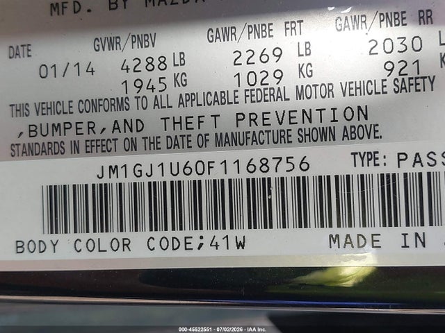 45522551 :رقم المزاد ، JM1GJ1U60F1168756 vin ، 2015 Mazda Mazda6 I Sport مزاد بيع