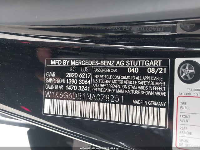 Auction sale of the 2022 Mercedes-benz S 500 4matic, vin: W1K6G6DB1NA078251, lot number: 45522558