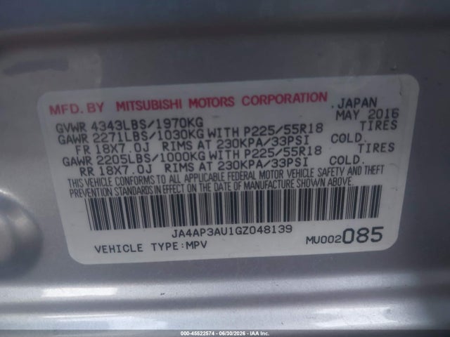 JA4AP3AU1GZ048139 Mitsubishi Outlander Sport 2.0 Es