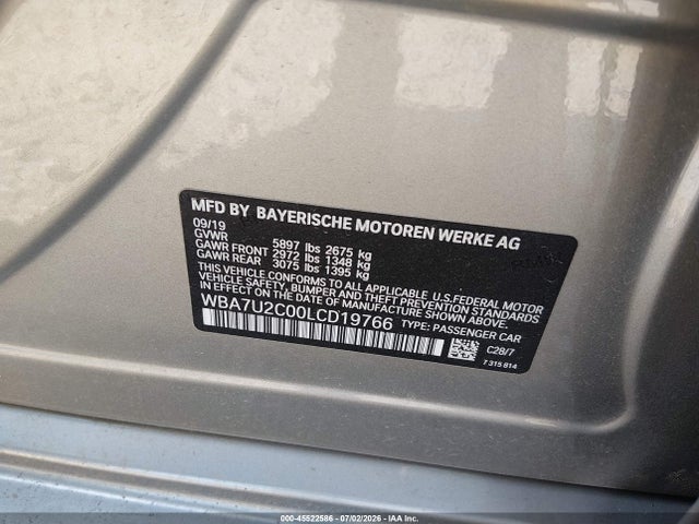 45522586 :رقم المزاد ، WBA7U2C00LCD19766 vin ، 2020 Bmw 750i Xdrive مزاد بيع