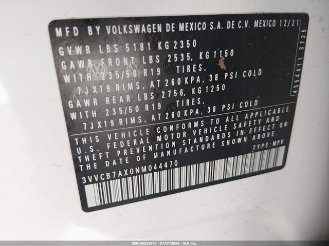 Продаж на аукціоні авто 2022 Volkswagen Tiguan 2.0t Se R-line Black, vin: 3VVCB7AX0NM044470, номер лоту: 45522631