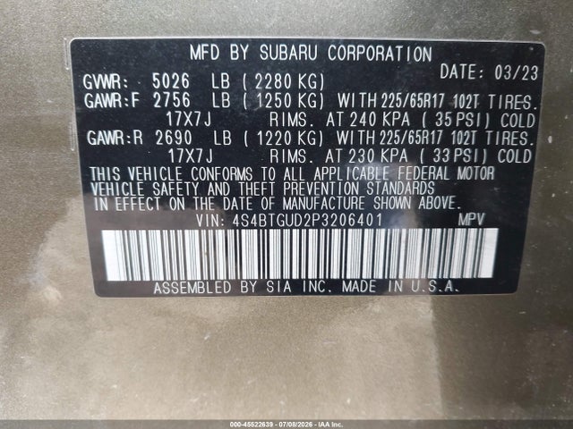 Aukcja sprzedaży 2023 Subaru Outback Wilderness, vin: 4S4BTGUD2P3206401, numer aukcji: 45522639
