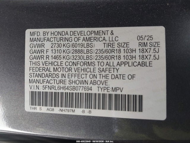 Honda Odyssey Ex-l 2025 5FNRL6H64SB077694 Image 9