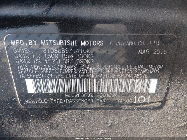Aukcja sprzedaży 2017 Mitsubishi Mirage G4 Es, vin: ML32F3FJ9HH001334, numer aukcji: 45522652