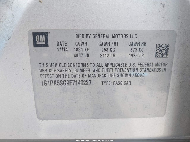 Продаж на аукціоні авто 2015 Chevrolet Cruze Ls Auto, vin: 1G1PA5SG9F7149227, номер лоту: 45522663