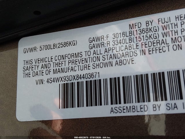 45522670 :رقم المزاد ، 4S4WX93DX84403671 vin ، 2008 Subaru Tribeca Limited 5-passenger مزاد بيع