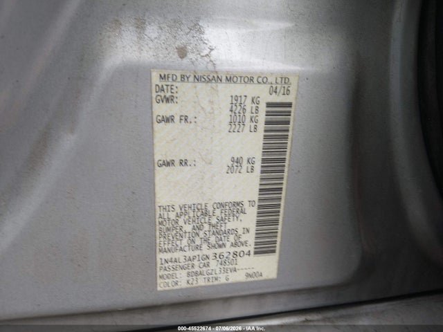 45522674 :رقم المزاد ، 1N4AL3AP1GN362804 vin ، 2016 Nissan Altima 2.5/2.5 S/2.5 Sl/2.5 Sr/2.5 Sv مزاد بيع