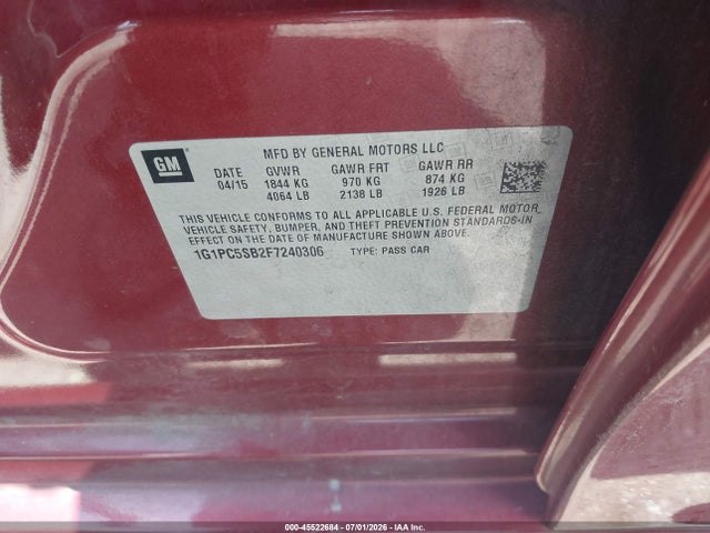 1G1PC5SB2F7240306 Chevrolet Cruze 1lt Auto