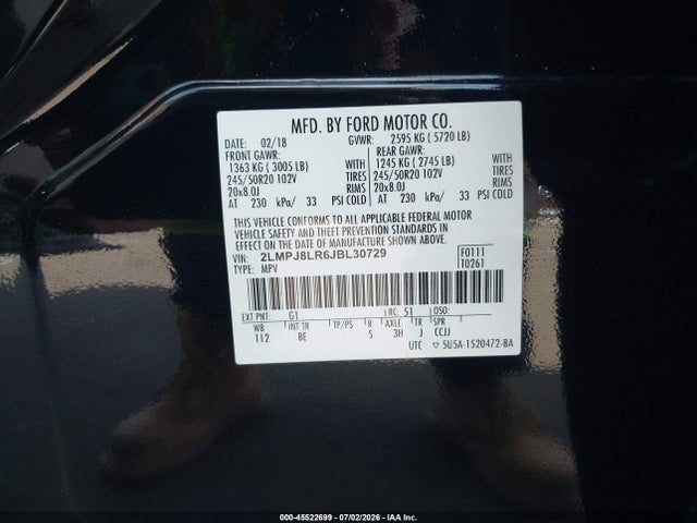 Продаж на аукціоні авто 2018 Lincoln Mkx Reserve, vin: 2LMPJ8LR6JBL30729, номер лоту: 45522699